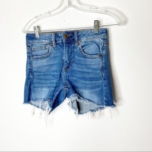 American Eagle High Rise Shortie Distressed Frayed Denim Shorts Size 4